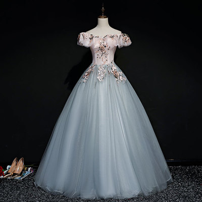 Gray tulle lace long prom gown, gray evening dress - Thumbnail 5