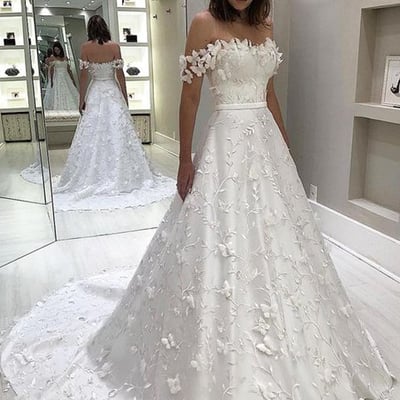 Princess a-line off the shoulder white lace wedding dresses,bridal gown - Thumbnail 5