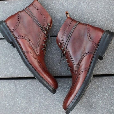 Handmade men's wing tip brogue leather boot, men's brown ankle high lace up boot