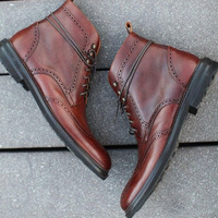 Handmade Men's Wing Tip Brogue Leather Boot, Men's Brown Ankle High Lace Up Boot - Thumbnail 1