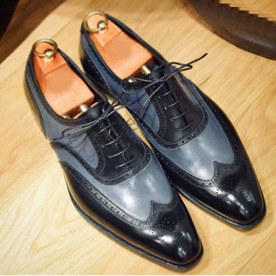 Handmade men's lace up brogue shoes, men's gray black leather wing tip shoes