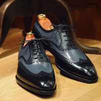 Handmade Men's Lace Up Brogue Shoes, Men's Gray Black Leather Wing Tip Shoes - Thumbnail 1