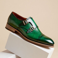 Handmade Men's Double Monk Strap Shoes, Men's Green Leather Cap Toe Shoes - Thumbnail 1