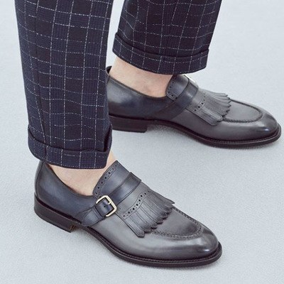 Handmade men's monk strap fringe shoes, men's gray leather round toe shoes