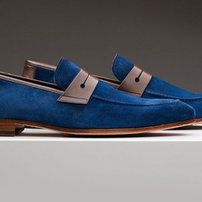 Handmade men's suede shoes, blue penny loafer slip on casual shoes