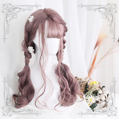 Pastel Pink Brown Gradient Long Curly Cosplay Wigs with Air Bangs