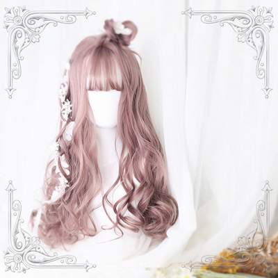 Pastel pink brown gradient long curly cosplay wigs with air bangs