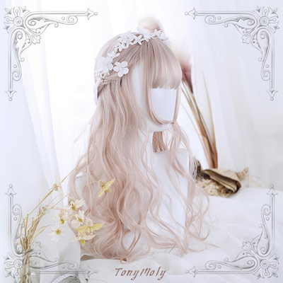 Girl pastel pink blonde gradient air bangs long curly wigs