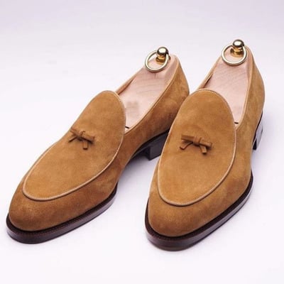 Handmade men's loafer shoes, men's tan suede loafer slip on casual shoes.