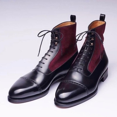 Handmade men's ankle high boot, black burgundy leather suede lace up cap toe boot