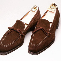 Handmade Men's Loafer Shoes, Men's Chocolate Brown Suede Loafer Tassels Shoes. - Thumbnail 1