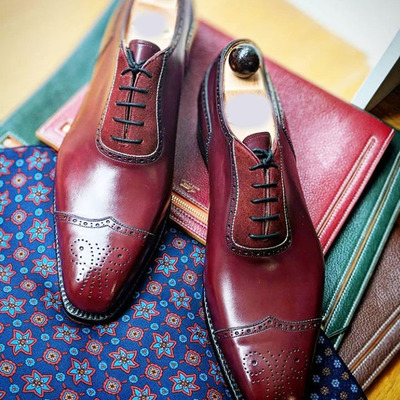 Handmade men's lace up wing tip shoes, men's burgundy leather suede shoes.