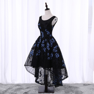 Black round neck lace short prom dress, high low evening dress - Thumbnail 5