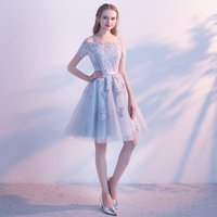 Gray lace tulle short prom dress, homecoming dress - Thumbnail 1