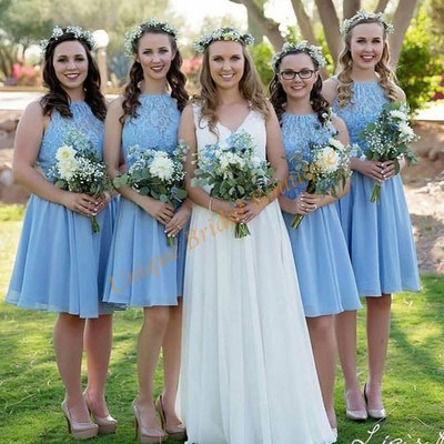 Sweet halter blue short bridesmaid dresses with lace - Thumbnail 5