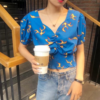 V-neck fire flame printed puff sleeve top