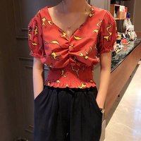 V-neck Fire Flame Printed Puff Sleeve Top - Thumbnail 4