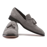 Handmade Men's Loafer Tussles Shoes, Men's Gray Suede Loafer Slip on Shoes. - Thumbnail 1