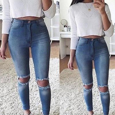 Denim slim trousers hole jeans blue 