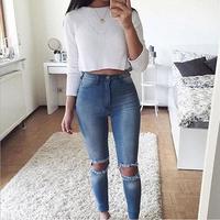 Denim Slim Trousers Hole Jeans Blue  - Thumbnail 1