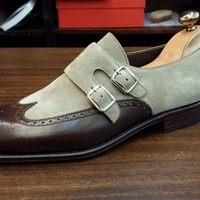 Handmade Men's Double Monk Strap Brogue Shoes, Men's Gray Brown Suede Leather Wing Tip Shoes - Thumbnail 1