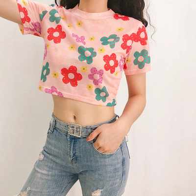 Colorful Flower Print Pink Top
