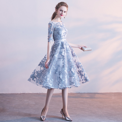 Gray round neck applique short prom dress, homecoming dress - Thumbnail 5