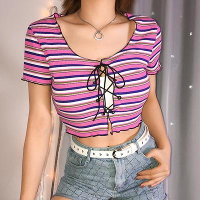 Pink color block stripe lace up top