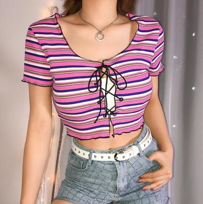 Pink Color Block Stripe Lace up Top