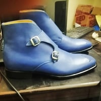 Handmade Blue Leather Chukka Buckle Boot, Men's Double Monk Strap Brogue Boots - Thumbnail 1