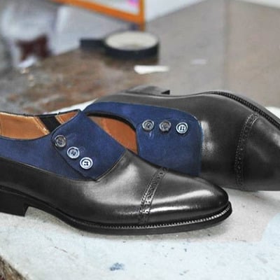 Handmade two tone blue black button shoes, slip on dress shoes