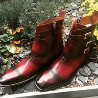 Handmade Burgundy Leather Buckle Boot, Men's Triple Monk Cap Toe Side Zipper Boots - Thumbnail 1