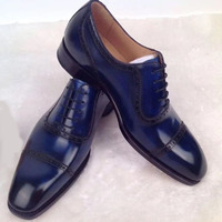 Handmade Men's Cap Toe Shoes, Men's Blue Lace Up Leather Shoes - Thumbnail 1