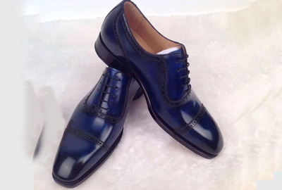 Handmade Men's Cap Toe Shoes, Men's Blue Lace Up Leather Shoes