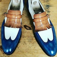Handmade Men's Fringe Wing Tip Shoes, Men's Blue White Leather Shoes - Thumbnail 1