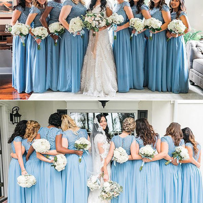 Elegant blue long bridesmaid dresses with lace appliques - Thumbnail 5