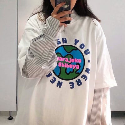 Harajuku wish you earth print oversize t-shirt