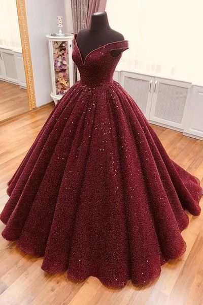 Off the shoulder Burgundy Prom Dresses 