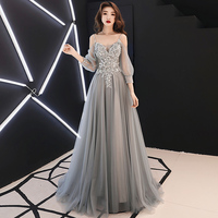 Gray lace tulle long prom dress, long sleeve evening dress - Thumbnail 1