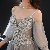 Gray lace tulle long prom dress, long sleeve evening dress - Thumbnail 2