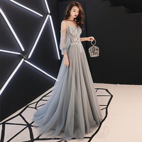 Gray lace tulle long prom dress, long sleeve evening dress - Thumbnail 3