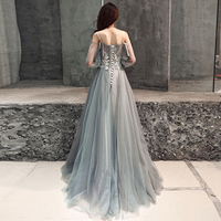 Gray lace tulle long prom dress, long sleeve evening dress - Thumbnail 4
