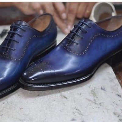 Handmade men's brogue shoes, men's blue color leather lace up shoes