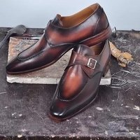 Handmade Men's Square Toe Shoes, Men's Brown Black Monk Strap Leather Shoes - Thumbnail 1