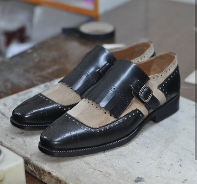 Handmade Men's Fringe Brogue Shoes, Men's Black Beige Monk Strap Suede Leather Shoes