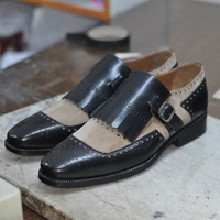 Handmade Men's Fringe Brogue Shoes, Men's Black Beige Monk Strap Suede Leather Shoes - Thumbnail 1