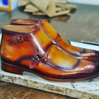 Handmade Tan Leather Buckle Boot, Men's Double Monk Strap Brogue Boots - Thumbnail 1