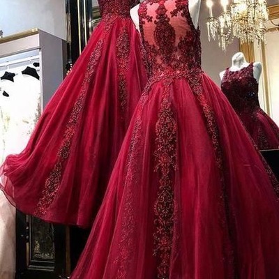 Burgundy tulle prom dresses with appliques lace - Thumbnail 5