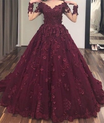 Off the Shoulder Wine Prom Dresses with Appliques Flowers
