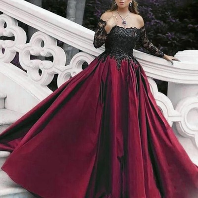 Long sleeves long prom dresses with black lace appliques - Thumbnail 5
